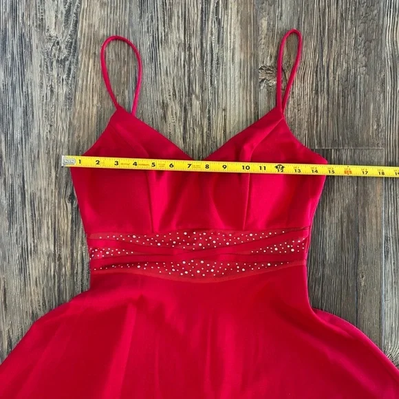 City Triangles Fit & Flare Mini Formal Party Dress Womens Jrs M Red Mesh Waist - Picture 4 of 11